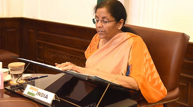 Union Minister for Finance and Corporate Affairs Nirmala Sitharaman attending the Plenary Meeting of the International Monetary and Financial Committee, the Ministerial-level committee of the International Monetary Fund through video conference, in New Delhi on April 16, 2020.
