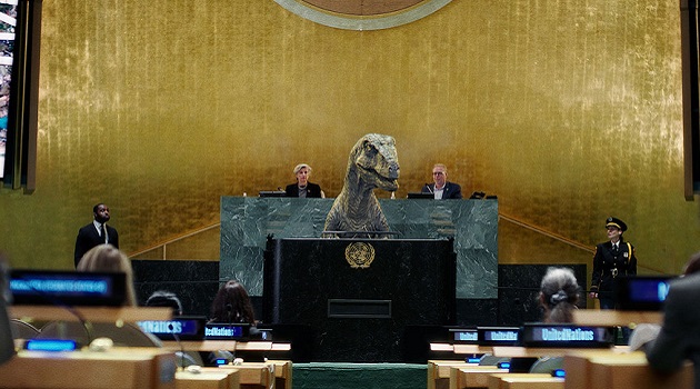 Dinosaur addressing UN forum in New York, on climate change